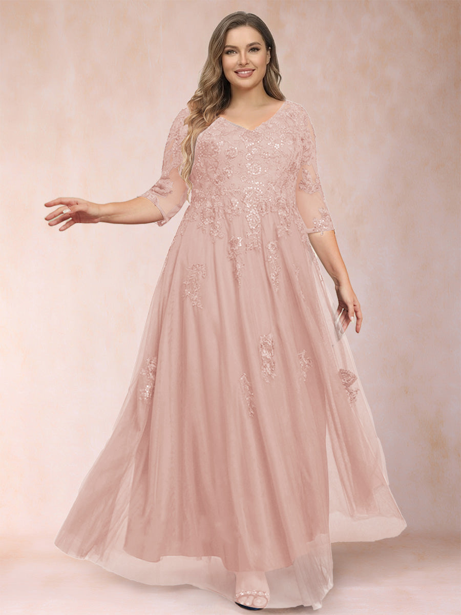 A-Line/Princess V-Neck 3/4 Sleeves Plus Size Mother of the Bride Dresses with Appliques &amp; Sequins