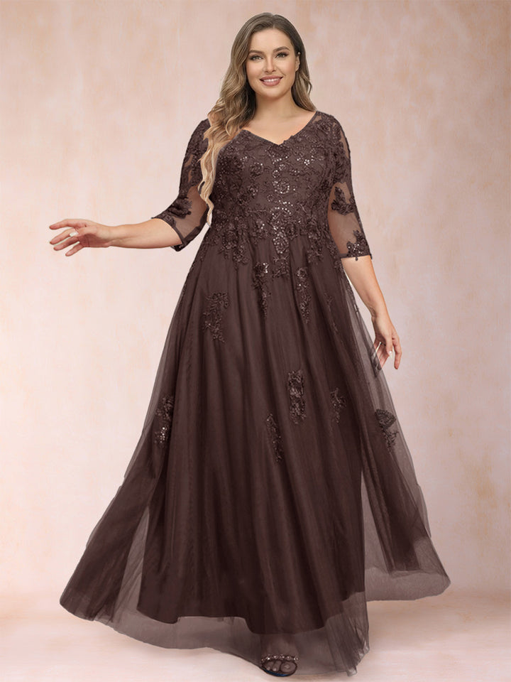 A-Line/Princess V-Neck 3/4 Sleeves Plus Size Mother of the Bride Dresses with Appliques &amp; Sequins