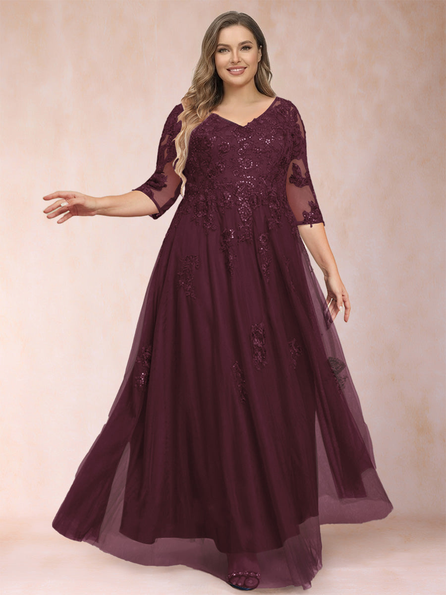 A-Line/Princess V-Neck 3/4 Sleeves Plus Size Mother of the Bride Dresses with Appliques &amp; Sequins