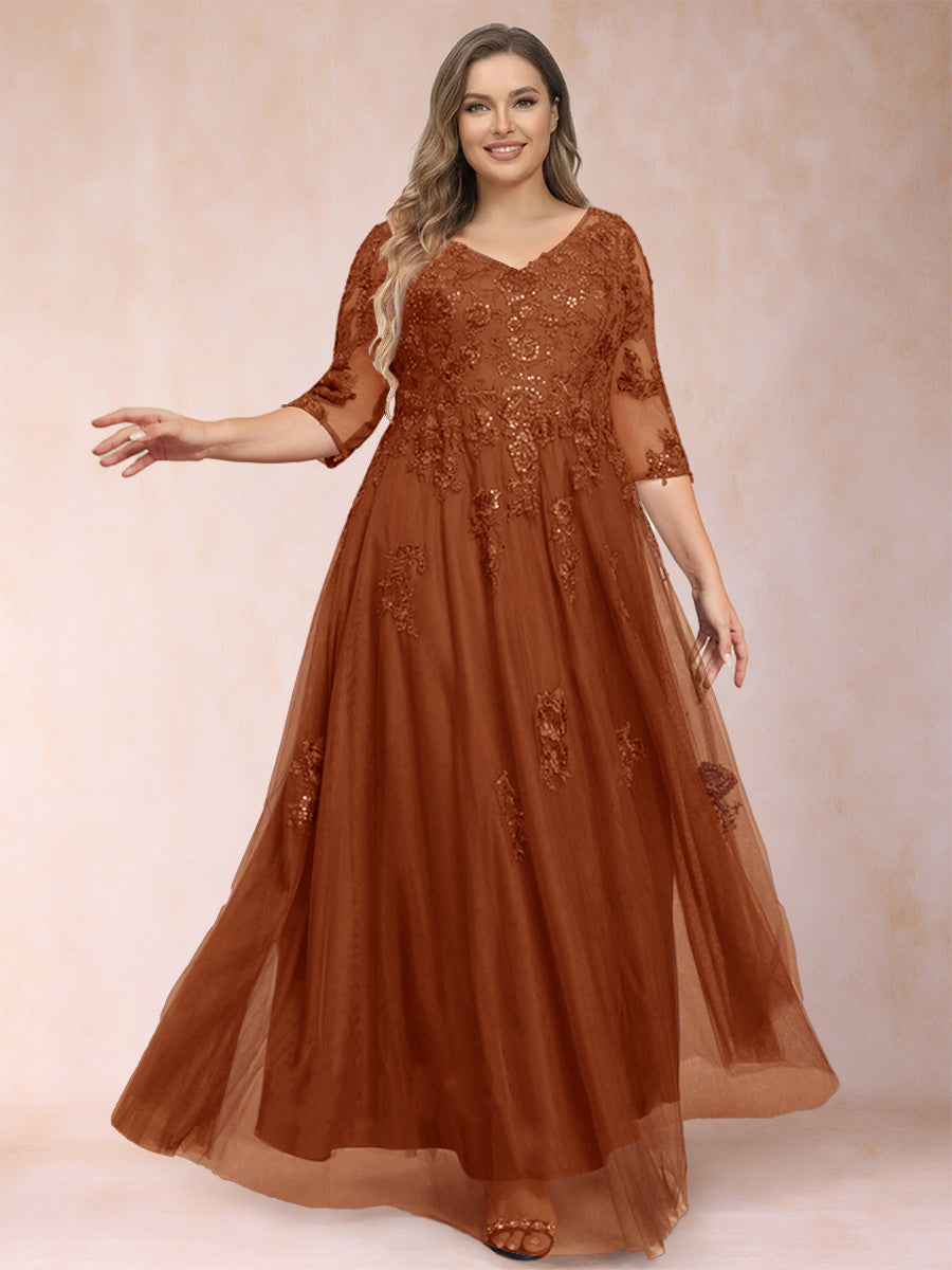 A-Line/Princess V-Neck 3/4 Sleeves Plus Size Mother of the Bride Dresses with Appliques &amp; Sequins