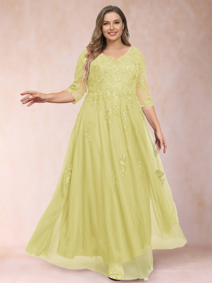 A-Line/Princess V-Neck 3/4 Sleeves Plus Size Mother of the Bride Dresses with Appliques &amp; Sequins