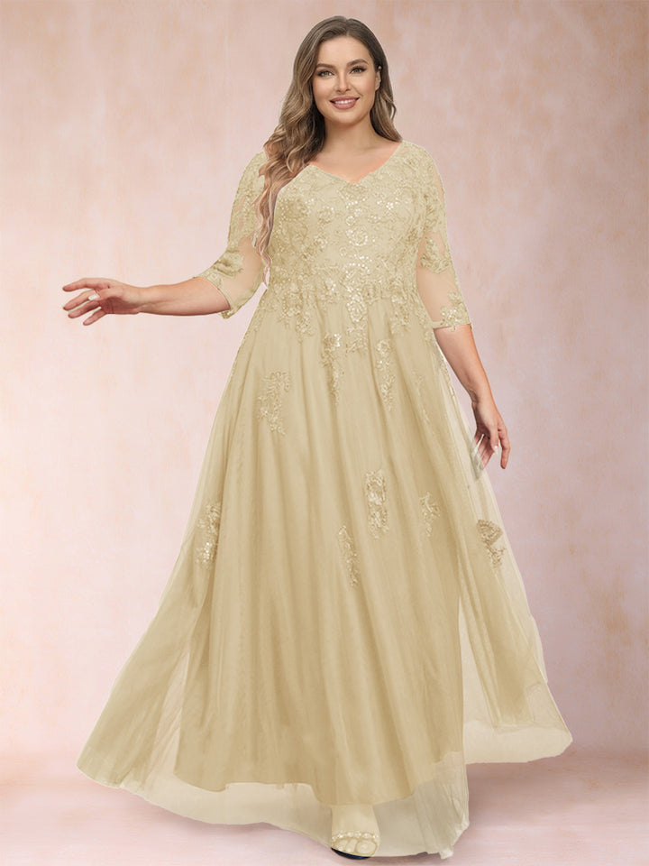 A-Line/Princess V-Neck 3/4 Sleeves Plus Size Mother of the Bride Dresses with Appliques &amp; Sequins