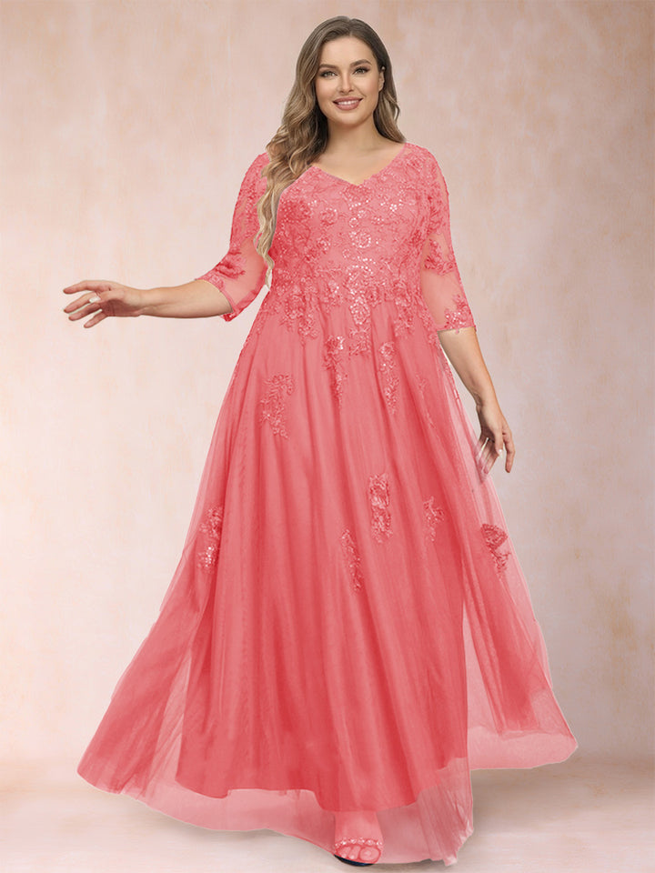 A-Line/Princess V-Neck 3/4 Sleeves Plus Size Mother of the Bride Dresses with Appliques &amp; Sequins