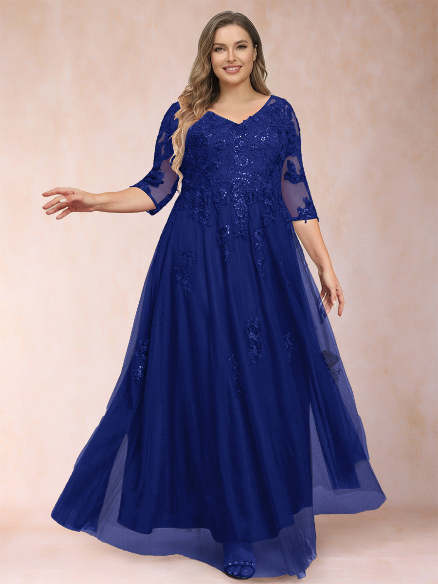 A-Line/Princess V-Neck 3/4 Sleeves Plus Size Mother of the Bride Dresses with Appliques &amp; Sequins