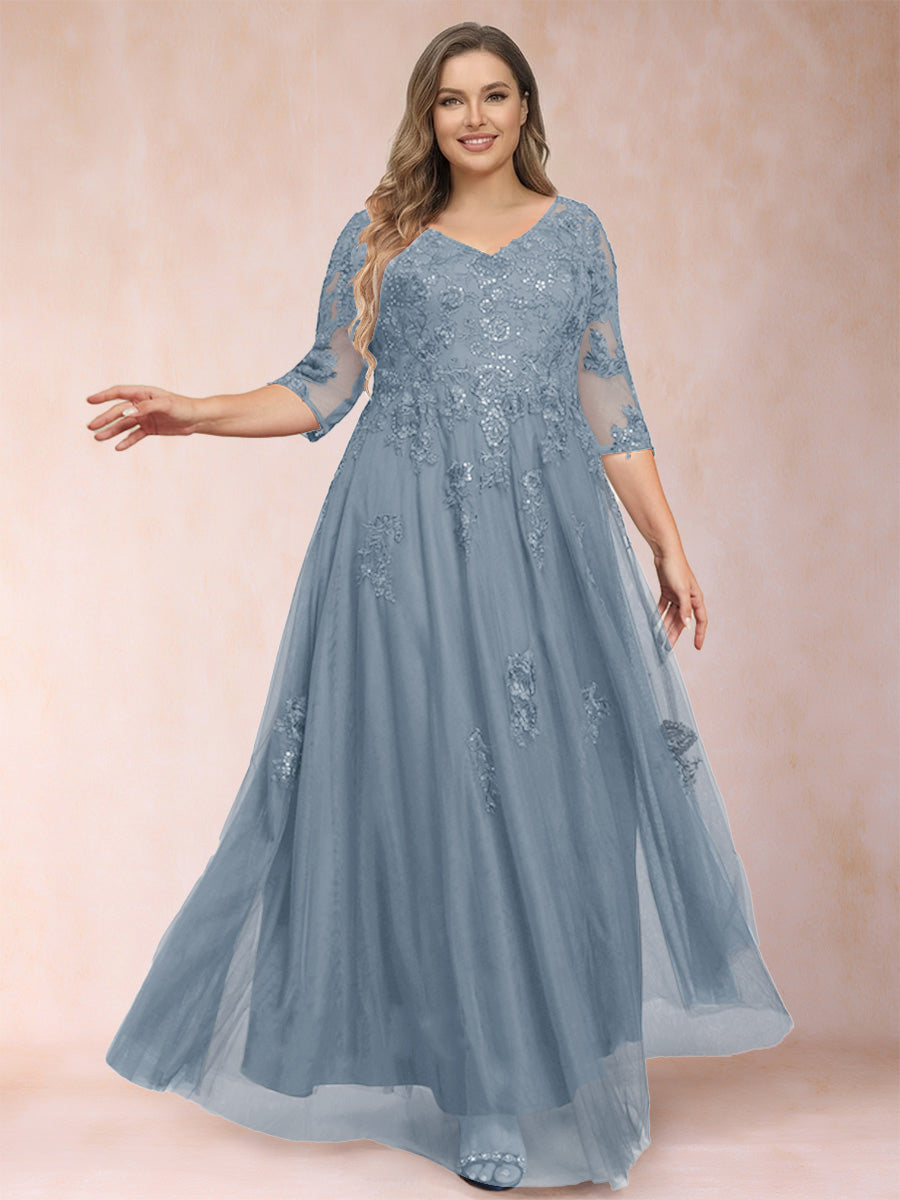 A-Line/Princess V-Neck 3/4 Sleeves Plus Size Mother of the Bride Dresses with Appliques &amp; Sequins
