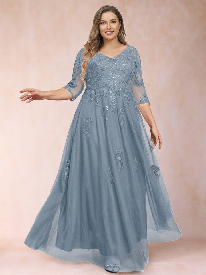 A-Line/Princess V-Neck 3/4 Sleeves Plus Size Mother of the Bride Dresses with Appliques &amp; Sequins