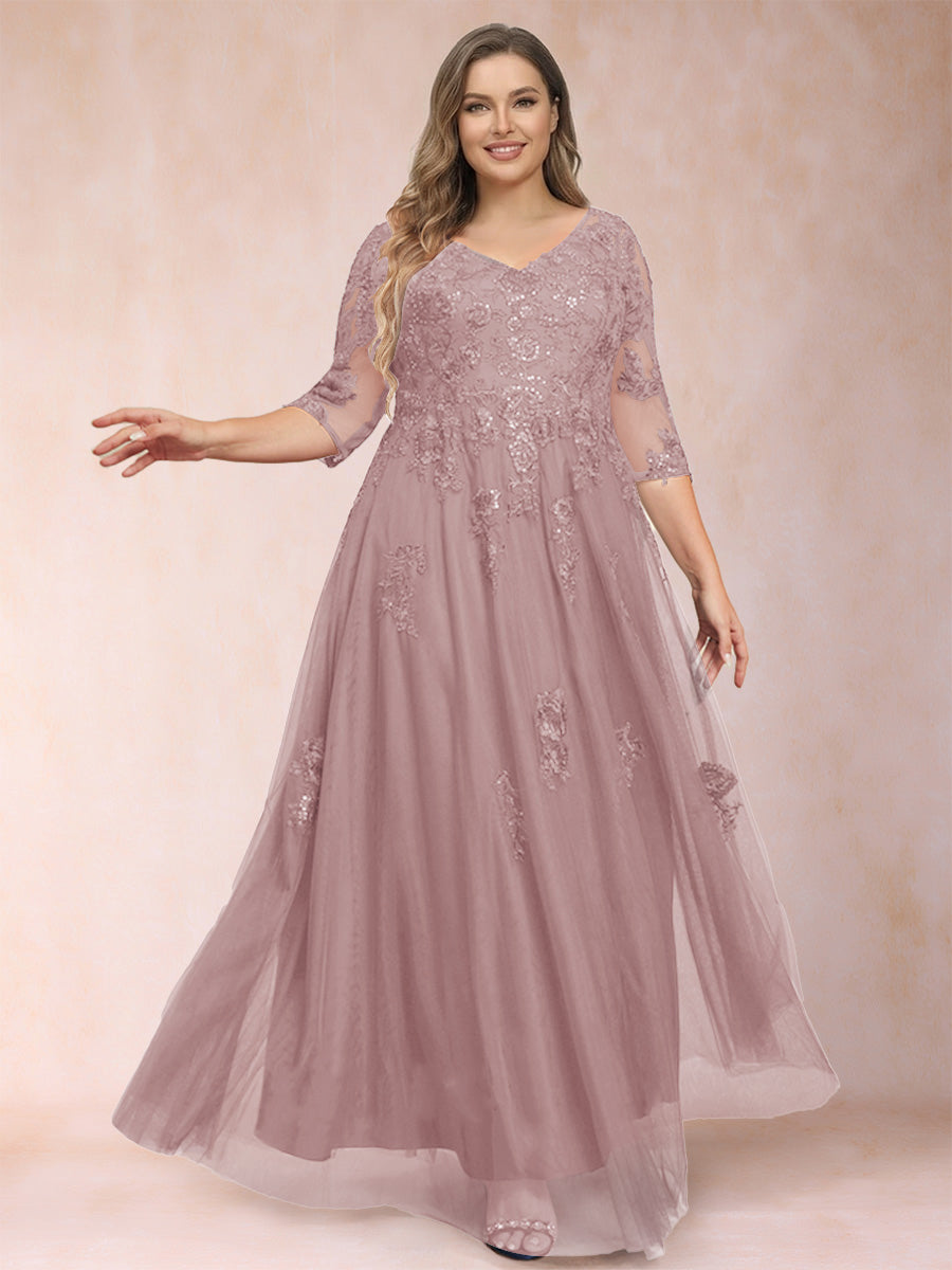 A-Line/Princess V-Neck 3/4 Sleeves Plus Size Mother of the Bride Dresses with Appliques &amp; Sequins