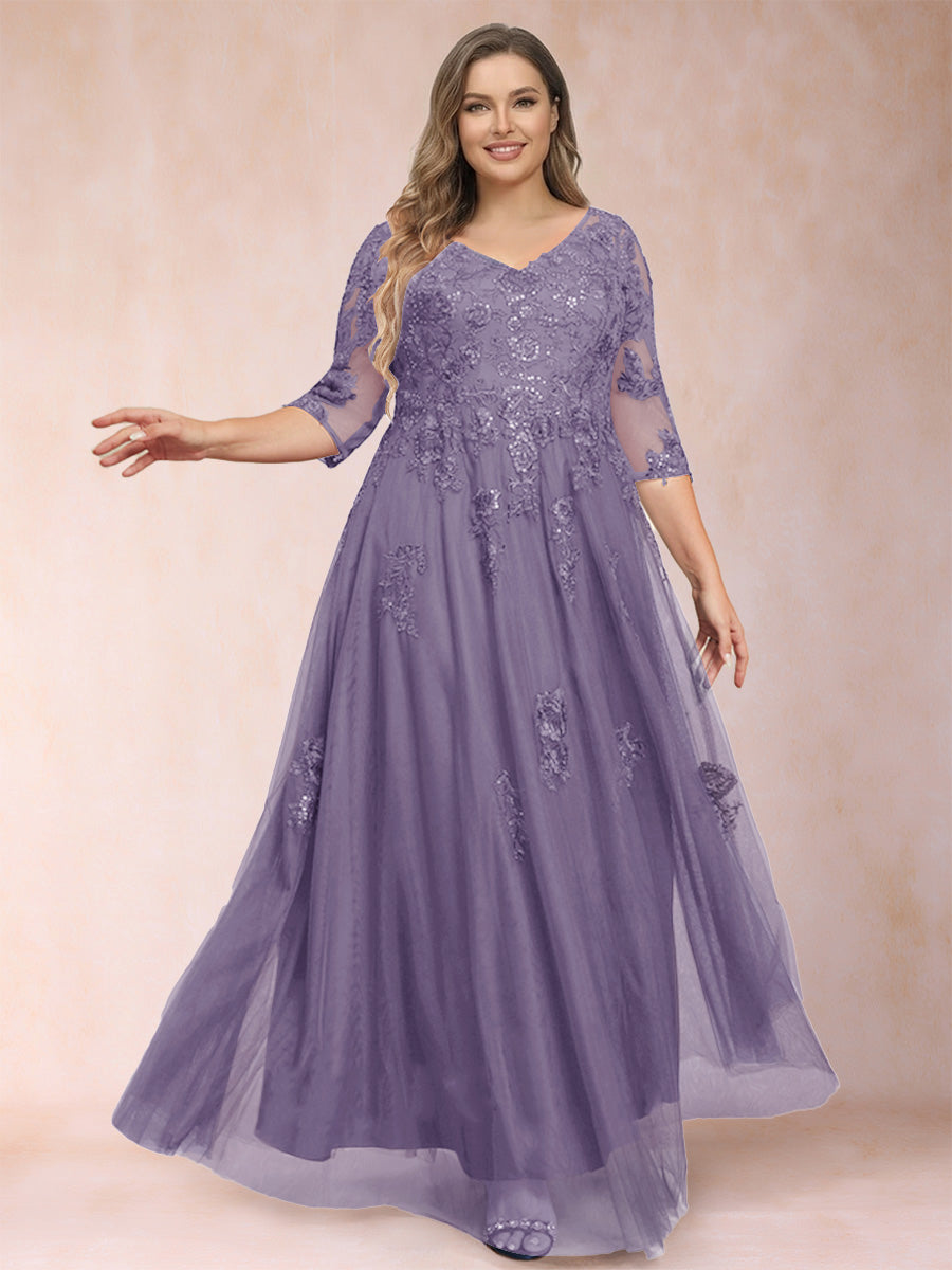 A-Line/Princess V-Neck 3/4 Sleeves Plus Size Mother of the Bride Dresses with Appliques &amp; Sequins