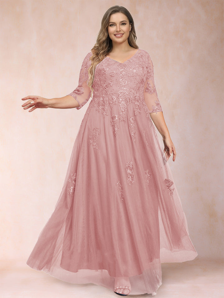 A-Line/Princess V-Neck 3/4 Sleeves Plus Size Mother of the Bride Dresses with Appliques &amp; Sequins