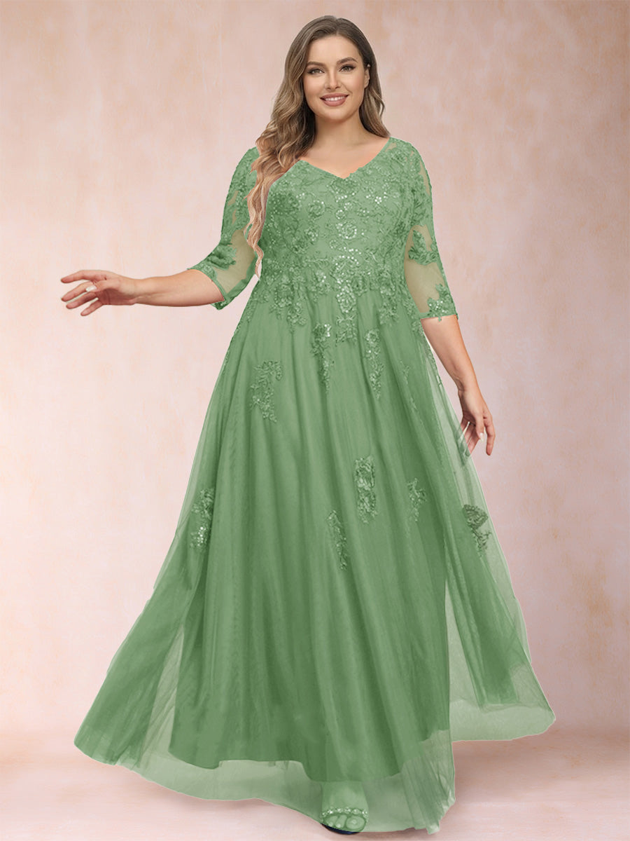 A-Line/Princess V-Neck 3/4 Sleeves Plus Size Mother of the Bride Dresses with Appliques &amp; Sequins