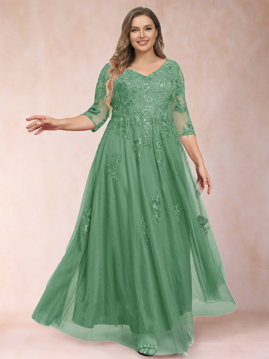 A-Line/Princess V-Neck 3/4 Sleeves Plus Size Mother of the Bride Dresses with Appliques &amp; Sequins