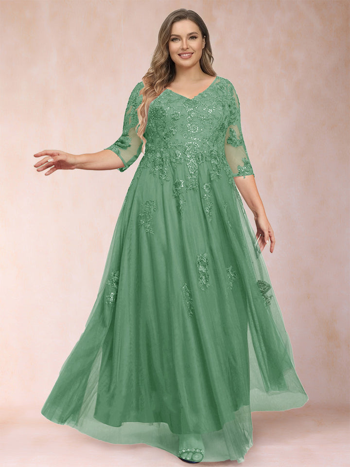 A-Line/Princess V-Neck 3/4 Sleeves Plus Size Mother of the Bride Dresses with Appliques &amp; Sequins
