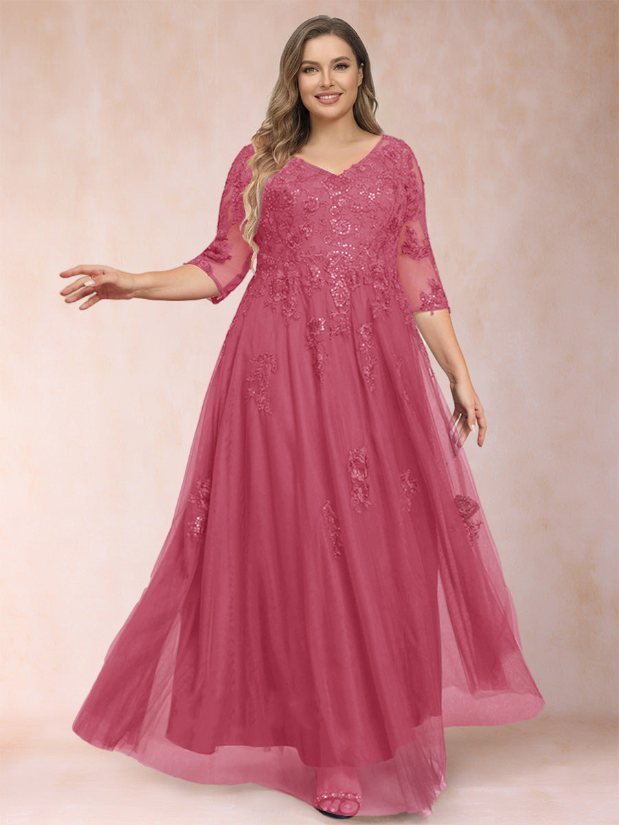 A-Line/Princess V-Neck 3/4 Sleeves Plus Size Mother of the Bride Dresses with Appliques &amp; Sequins