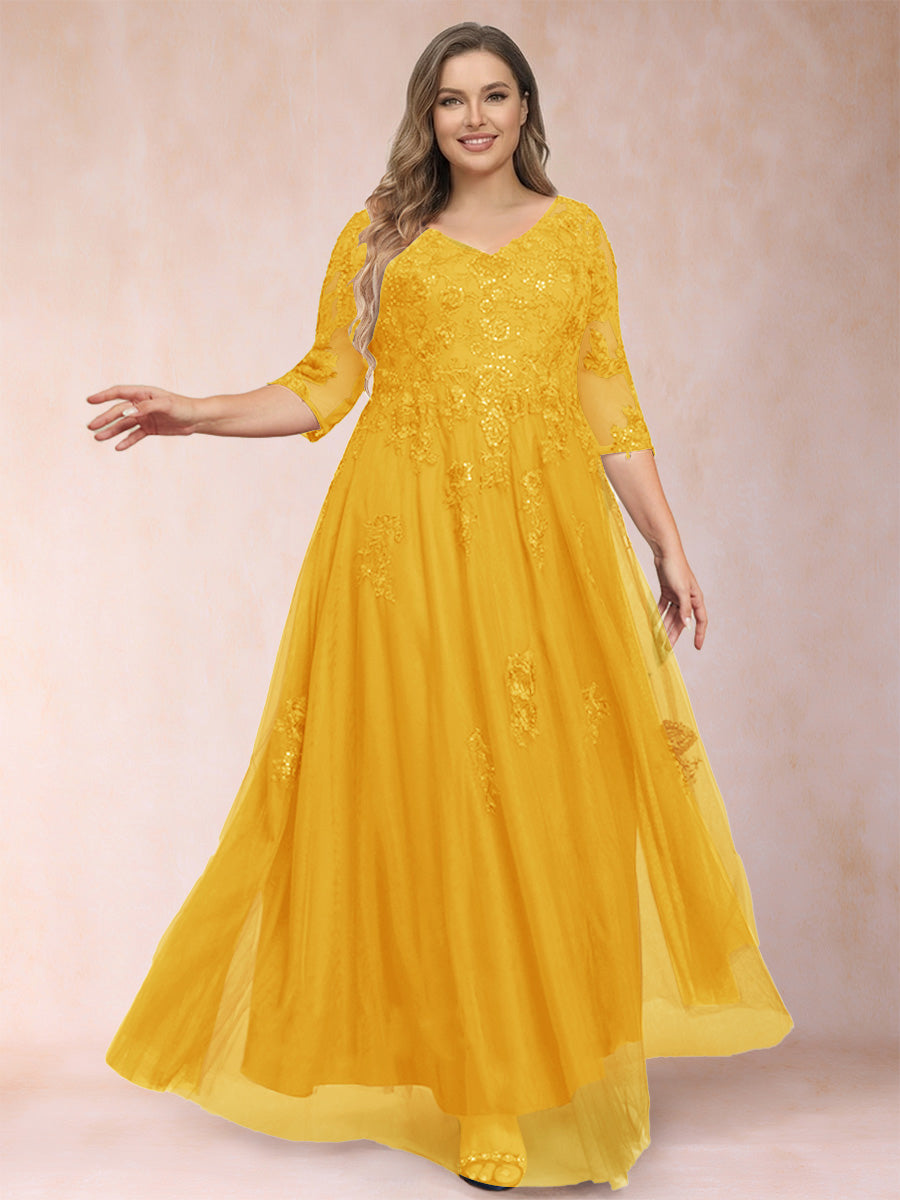 A-Line/Princess V-Neck 3/4 Sleeves Plus Size Mother of the Bride Dresses with Appliques &amp; Sequins