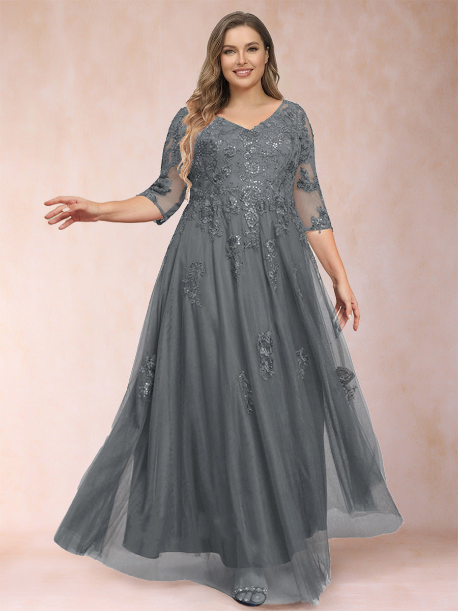 A-Line/Princess V-Neck 3/4 Sleeves Plus Size Mother of the Bride Dresses with Appliques &amp; Sequins