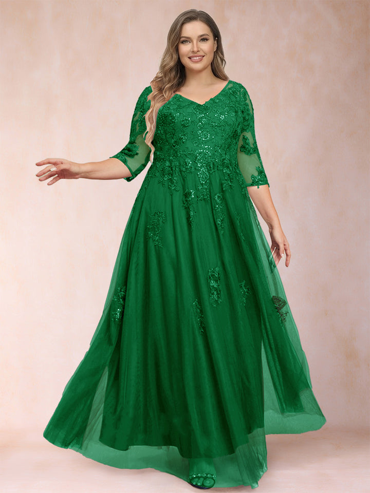 A-Line/Princess V-Neck 3/4 Sleeves Plus Size Mother of the Bride Dresses with Appliques &amp; Sequins