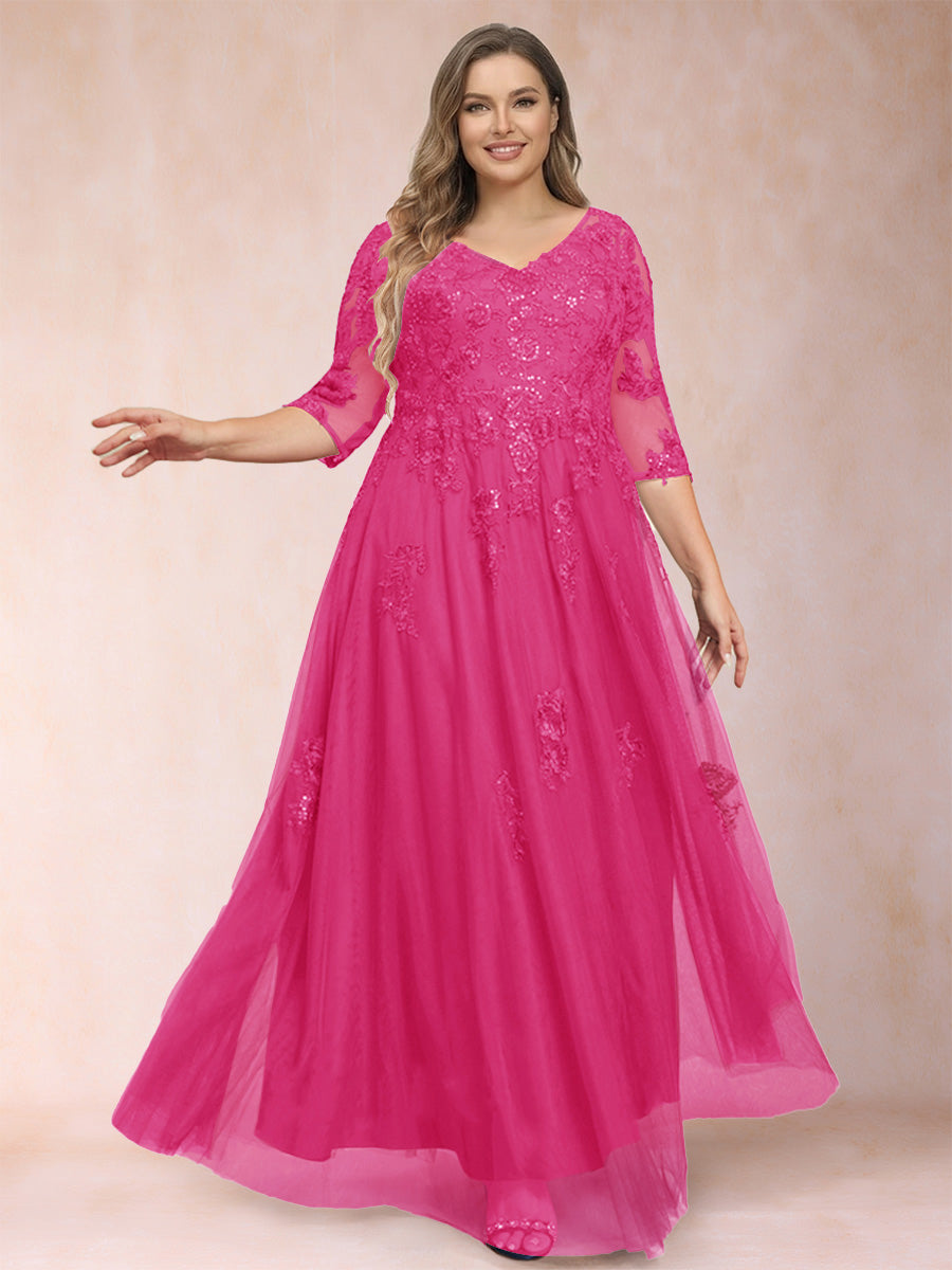 A-Line/Princess V-Neck 3/4 Sleeves Plus Size Mother of the Bride Dresses with Appliques &amp; Sequins