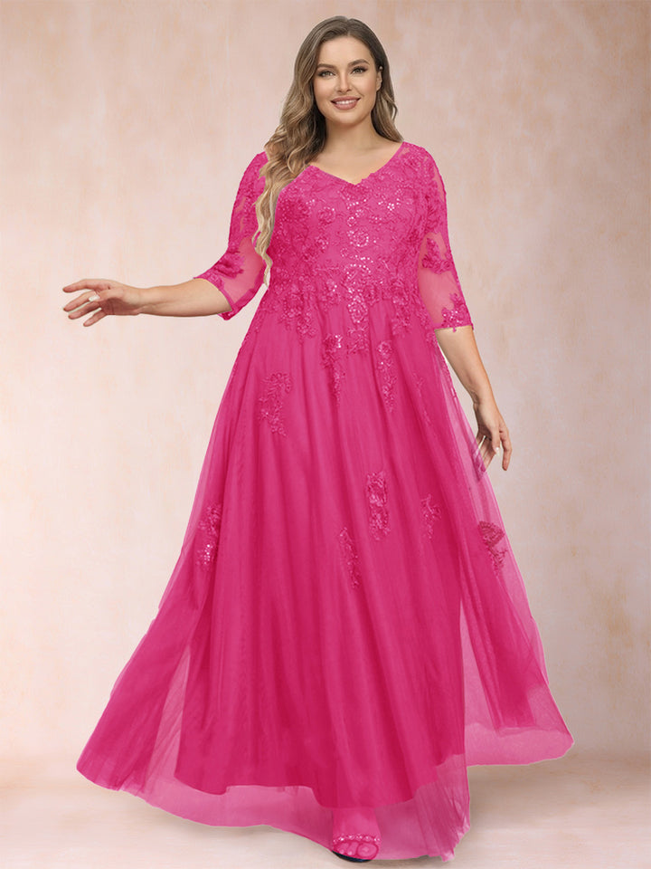 A-Line/Princess V-Neck 3/4 Sleeves Plus Size Mother of the Bride Dresses with Appliques &amp; Sequins