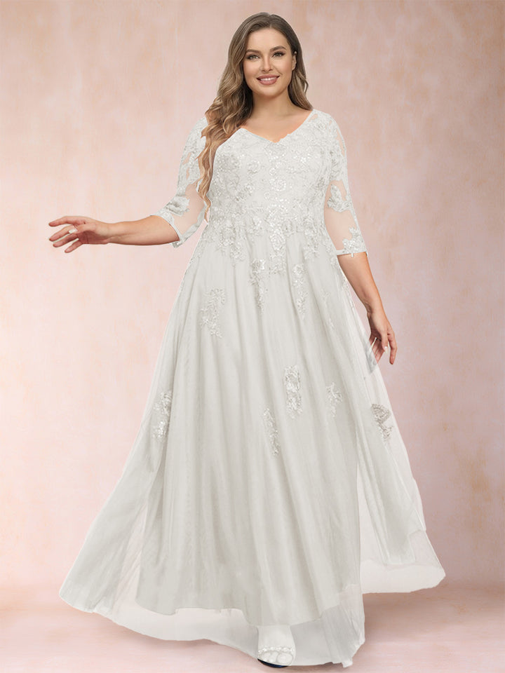 A-Line/Princess V-Neck 3/4 Sleeves Plus Size Mother of the Bride Dresses with Appliques &amp; Sequins