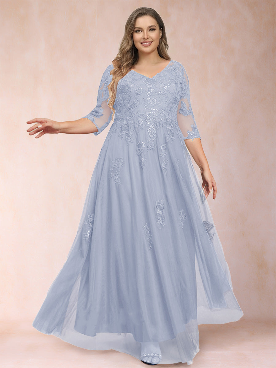 A-Line/Princess V-Neck 3/4 Sleeves Plus Size Mother of the Bride Dresses with Appliques &amp; Sequins