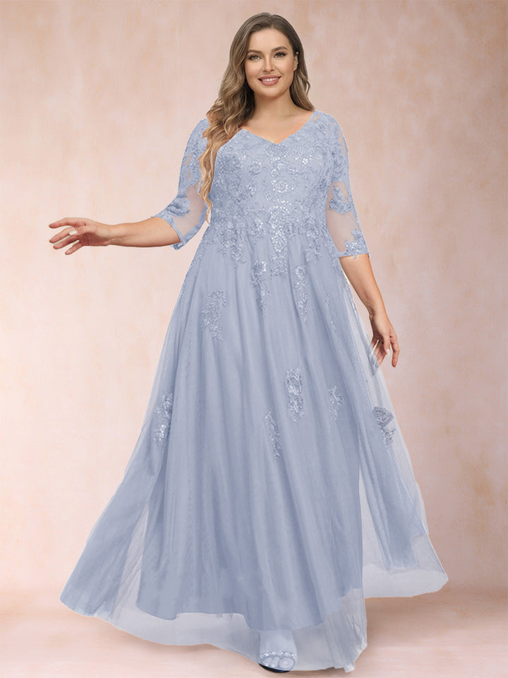 A-Line/Princess V-Neck 3/4 Sleeves Plus Size Mother of the Bride Dresses with Appliques &amp; Sequins