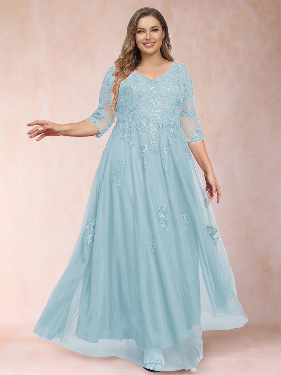 A-Line/Princess V-Neck 3/4 Sleeves Plus Size Mother of the Bride Dresses with Appliques &amp; Sequins