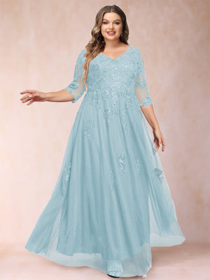 A-Line/Princess V-Neck 3/4 Sleeves Plus Size Mother of the Bride Dresses with Appliques & Sequins