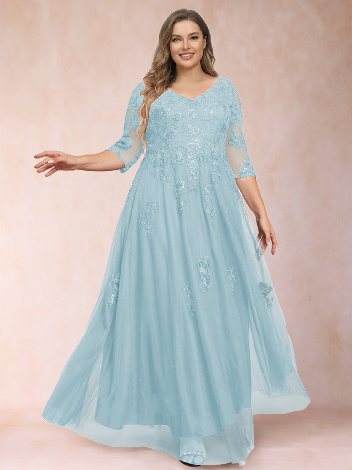 A-Line/Princess V-Neck 3/4 Sleeves Plus Size Mother of the Bride Dresses with Appliques &amp; Sequins