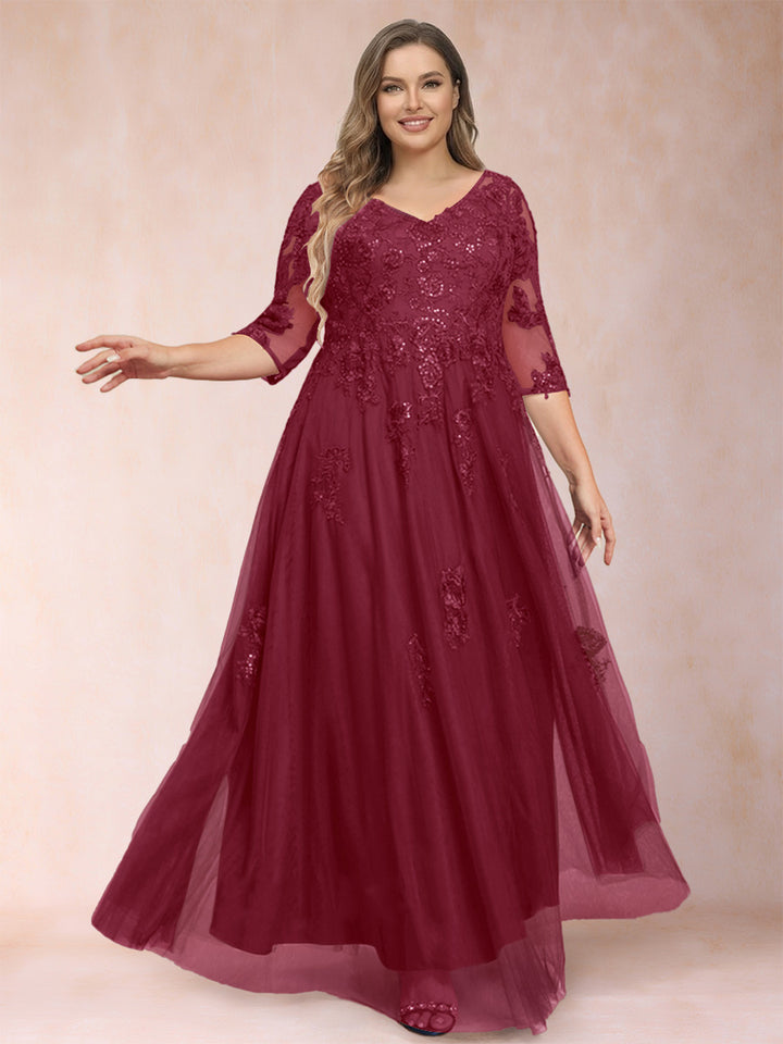 A-Line/Princess V-Neck 3/4 Sleeves Plus Size Mother of the Bride Dresses with Appliques &amp; Sequins