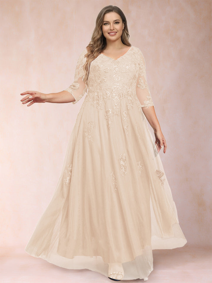 A-Line/Princess V-Neck 3/4 Sleeves Plus Size Mother of the Bride Dresses with Appliques &amp; Sequins