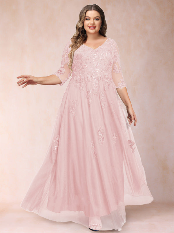 A-Line/Princess V-Neck 3/4 Sleeves Plus Size Mother of the Bride Dresses with Appliques & Sequins