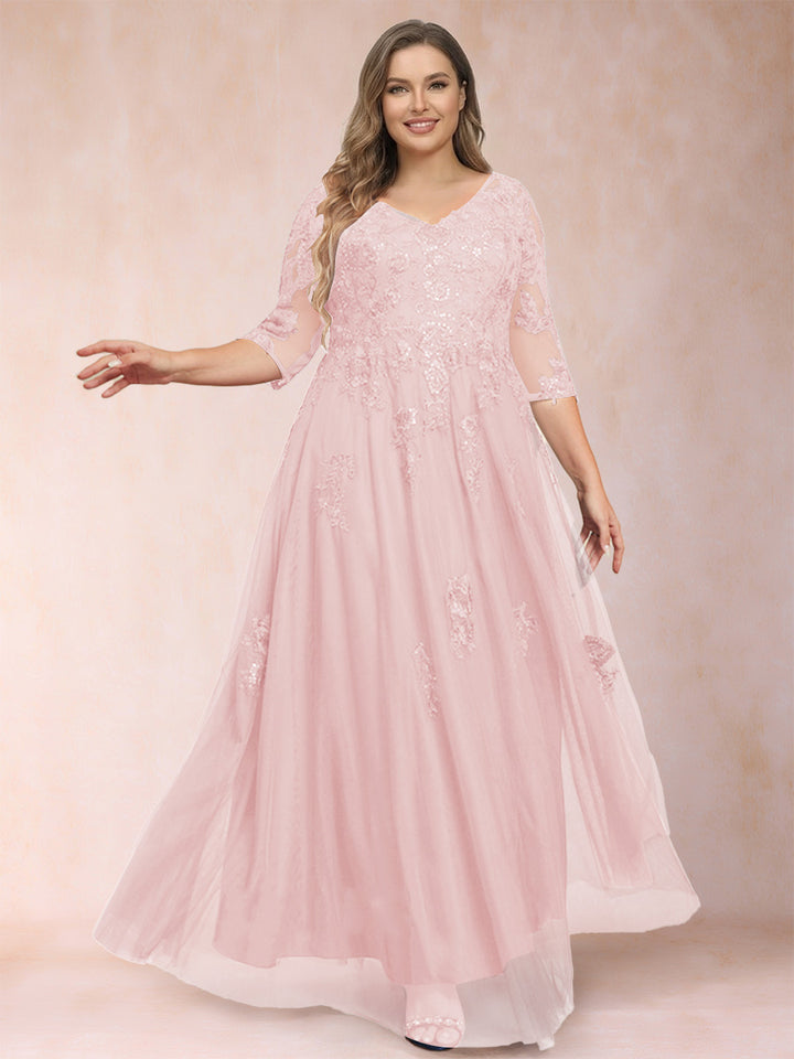 A-Line/Princess V-Neck 3/4 Sleeves Plus Size Mother of the Bride Dresses with Appliques &amp; Sequins