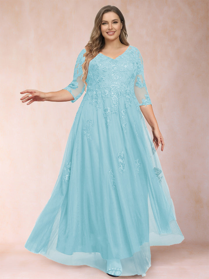 A-Line/Princess V-Neck 3/4 Sleeves Plus Size Mother of the Bride Dresses with Appliques &amp; Sequins