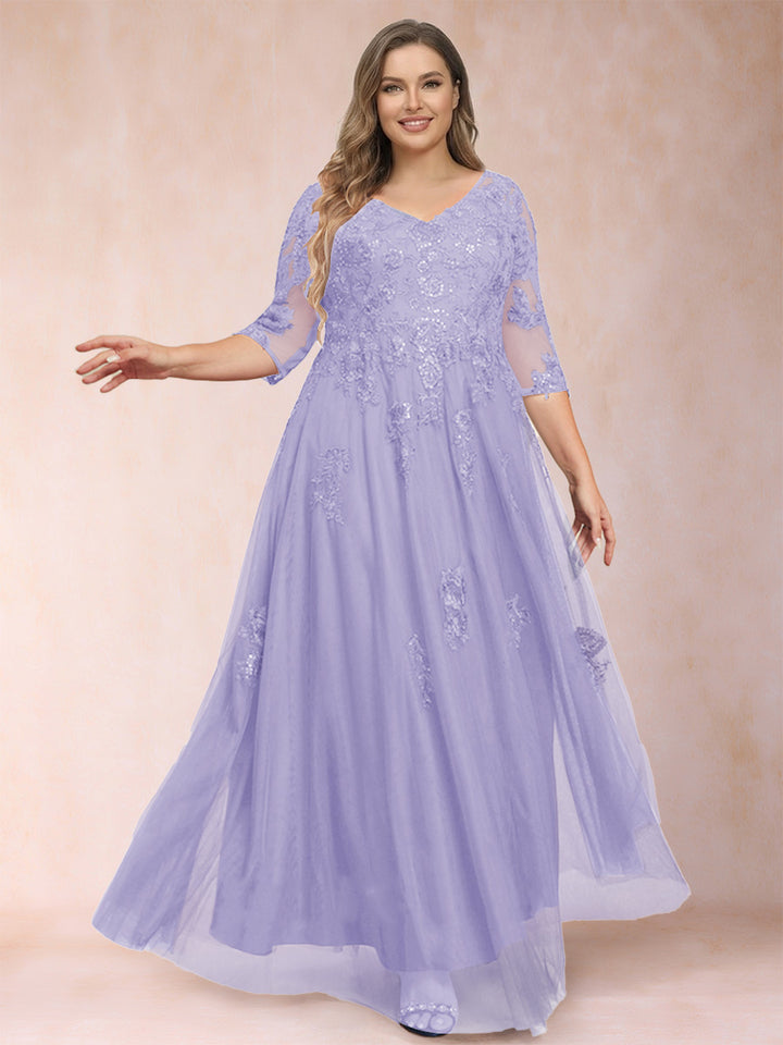 A-Line/Princess V-Neck 3/4 Sleeves Plus Size Mother of the Bride Dresses with Appliques &amp; Sequins