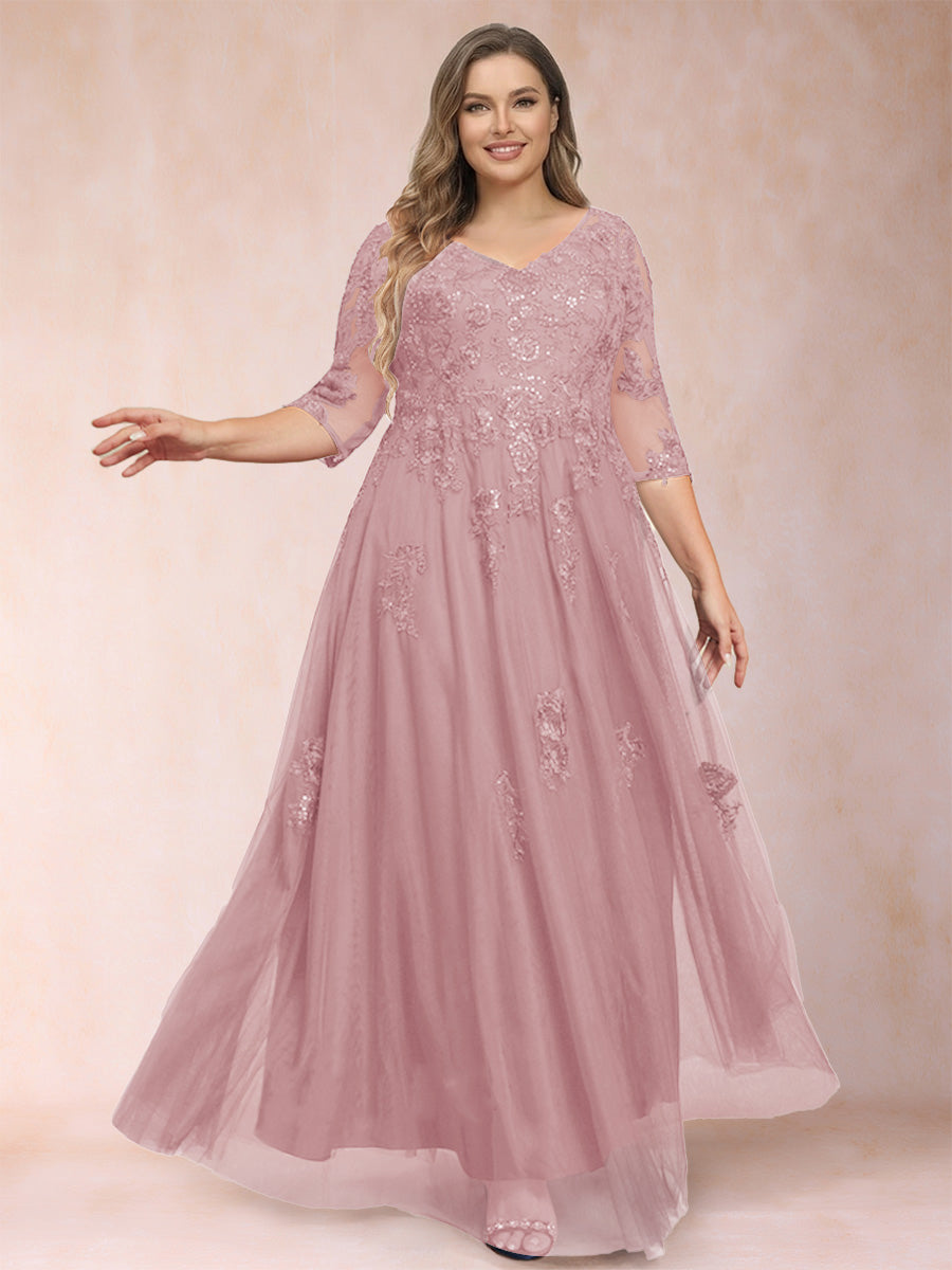 A-Line/Princess V-Neck 3/4 Sleeves Plus Size Mother of the Bride Dresses with Appliques &amp; Sequins