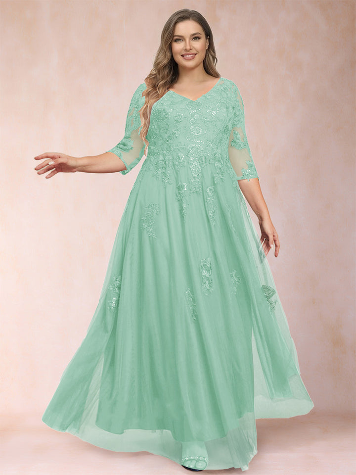 A-Line/Princess V-Neck 3/4 Sleeves Plus Size Mother of the Bride Dresses with Appliques &amp; Sequins