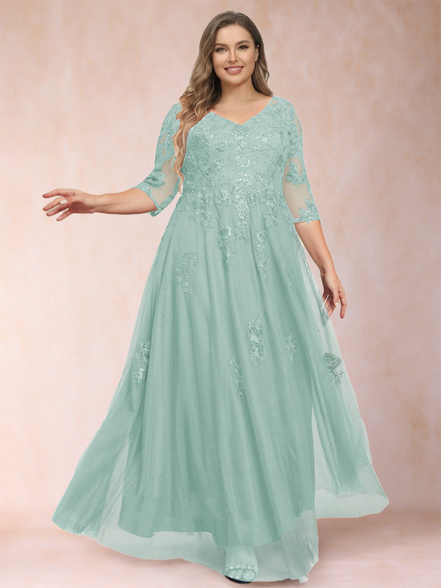 A-Line/Princess V-Neck 3/4 Sleeves Plus Size Mother of the Bride Dresses with Appliques &amp; Sequins