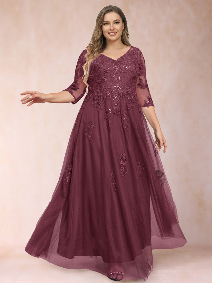 A-Line/Princess V-Neck 3/4 Sleeves Plus Size Mother of the Bride Dresses with Appliques &amp; Sequins