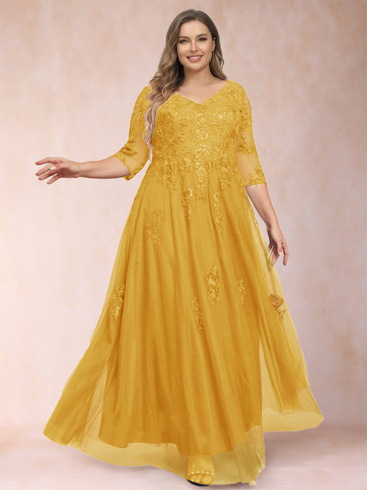 A-Line/Princess V-Neck 3/4 Sleeves Plus Size Mother of the Bride Dresses with Appliques &amp; Sequins