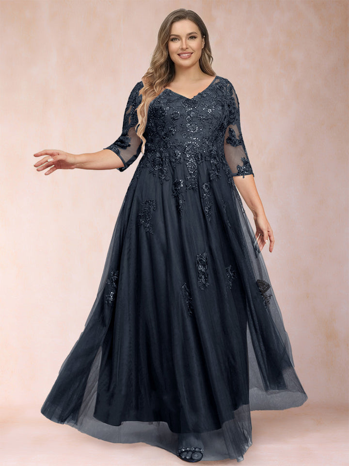 A-Line/Princess V-Neck 3/4 Sleeves Plus Size Mother of the Bride Dresses with Appliques &amp; Sequins