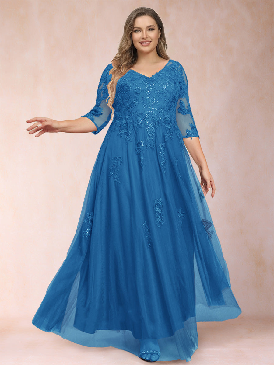 A-Line/Princess V-Neck 3/4 Sleeves Plus Size Mother of the Bride Dresses with Appliques &amp; Sequins