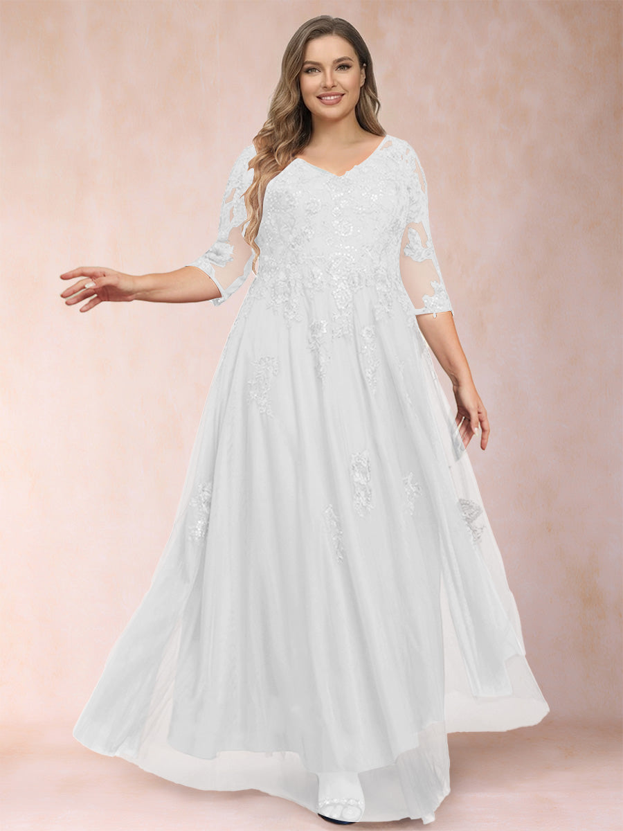 A-Line/Princess V-Neck 3/4 Sleeves Plus Size Mother of the Bride Dresses with Appliques &amp; Sequins