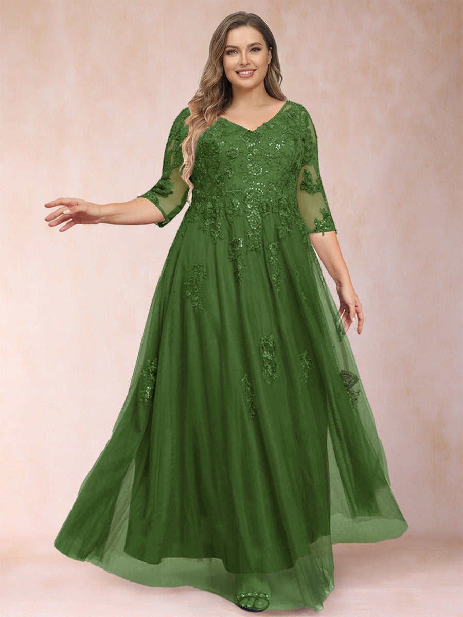 A-Line/Princess V-Neck 3/4 Sleeves Plus Size Mother of the Bride Dresses with Appliques &amp; Sequins