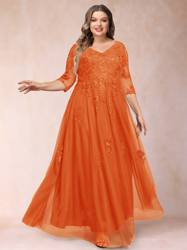 A-Line/Princess V-Neck 3/4 Sleeves Plus Size Mother of the Bride Dresses with Appliques & Sequins