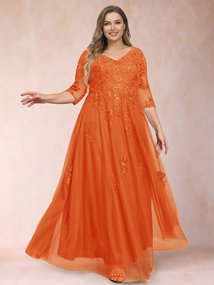 A-Line/Princess V-Neck 3/4 Sleeves Plus Size Mother of the Bride Dresses with Appliques &amp; Sequins