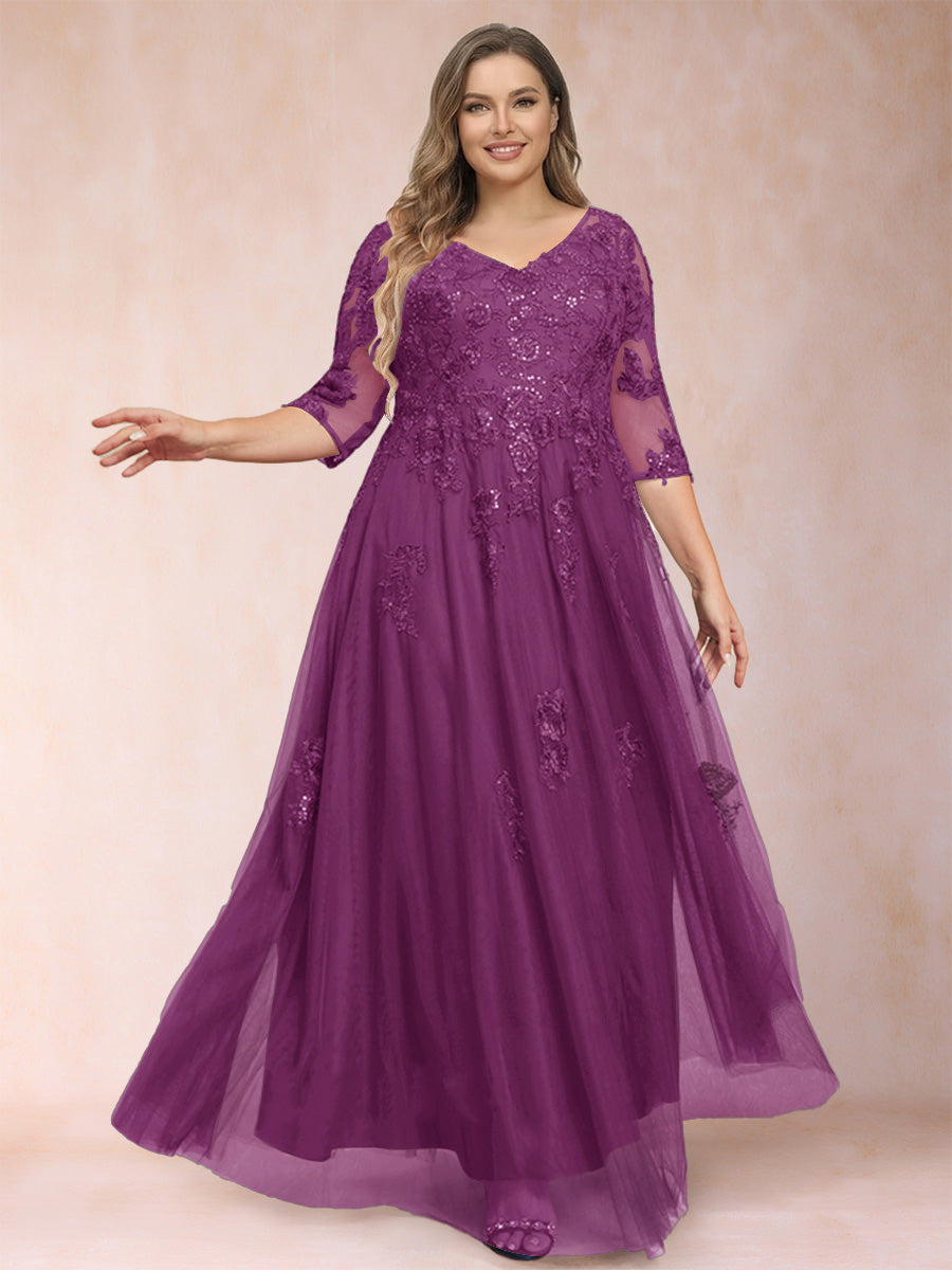 A-Line/Princess V-Neck 3/4 Sleeves Plus Size Mother of the Bride Dresses with Appliques &amp; Sequins