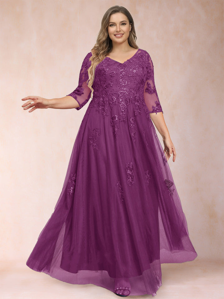 A-Line/Princess V-Neck 3/4 Sleeves Plus Size Mother of the Bride Dresses with Appliques &amp; Sequins