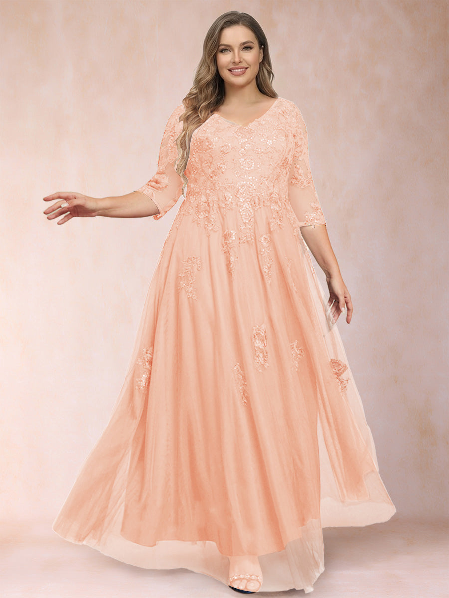 A-Line/Princess V-Neck 3/4 Sleeves Plus Size Mother of the Bride Dresses with Appliques &amp; Sequins