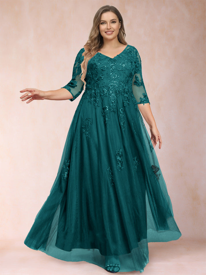 A-Line/Princess V-Neck 3/4 Sleeves Plus Size Mother of the Bride Dresses with Appliques &amp; Sequins
