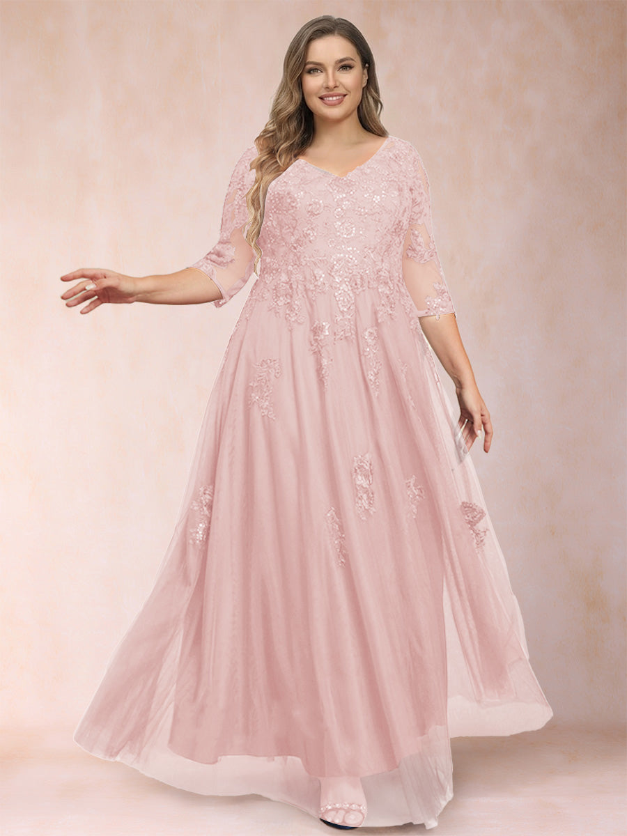 A-Line/Princess V-Neck 3/4 Sleeves Plus Size Mother of the Bride Dresses with Appliques &amp; Sequins
